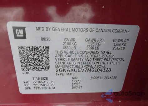 2021 Chevrolet Equinox Awd Lt z USA, uszkodzony, nr VIN 2GNAXUEV7M6104128